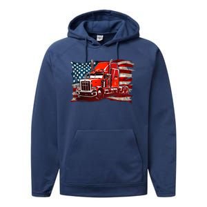 Cool Trucker Semi Truck Torn Distressed American Flag Performance Fleece Hoodie