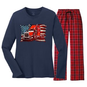 Cool Trucker Semi Truck Torn Distressed American Flag Women's Long Sleeve Flannel Pajama Set 