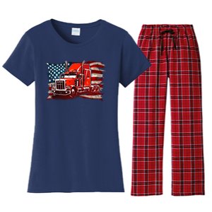 Cool Trucker Semi Truck Torn Distressed American Flag Women's Flannel Pajama Set