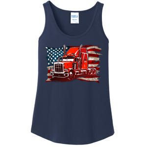 Cool Trucker Semi Truck Torn Distressed American Flag Ladies Essential Tank