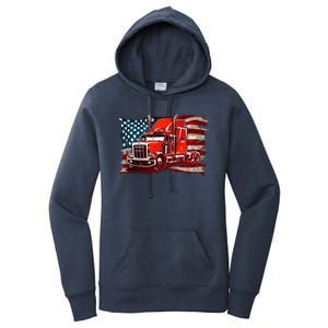 Cool Trucker Semi Truck Torn Distressed American Flag Women's Pullover Hoodie