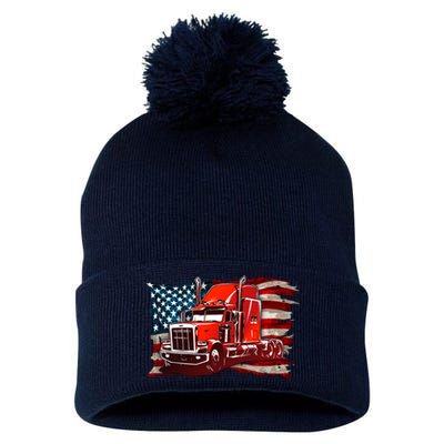 Cool Trucker Semi Truck Torn Distressed American Flag Pom Pom 12in Knit Beanie