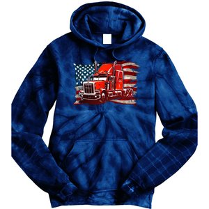 Cool Trucker Semi Truck Torn Distressed American Flag Tie Dye Hoodie