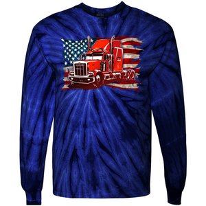 Cool Trucker Semi Truck Torn Distressed American Flag Tie-Dye Long Sleeve Shirt