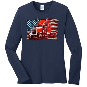 Cool Trucker Semi Truck Torn Distressed American Flag Ladies Long Sleeve Shirt