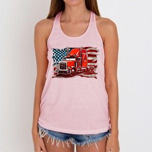 Cool Trucker Semi Truck Torn Distressed American Flag Women's Knotted Racerback Tank