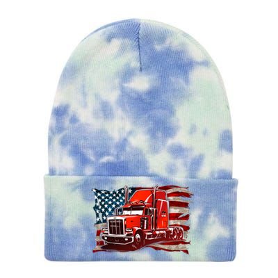 Cool Trucker Semi Truck Torn Distressed American Flag Tie Dye 12in Knit Beanie