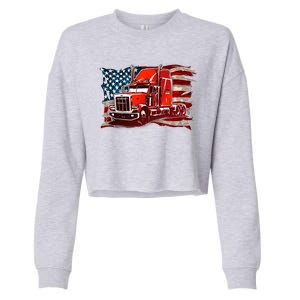 Cool Trucker Semi Truck Torn Distressed American Flag Cropped Pullover Crew