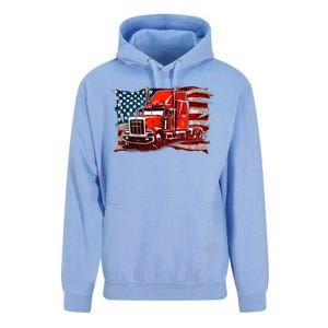 Cool Trucker Semi Truck Torn Distressed American Flag Unisex Surf Hoodie