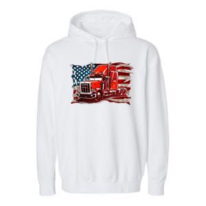 Cool Trucker Semi Truck Torn Distressed American Flag Garment-Dyed Fleece Hoodie