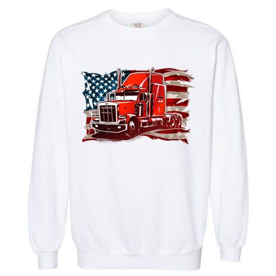 Cool Trucker Semi Truck Torn Distressed American Flag Garment-Dyed Sweatshirt