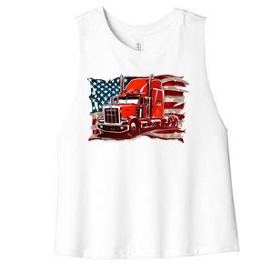 Cool Trucker Semi Truck Torn Distressed American Flag Women's Racerback Cropped Tank