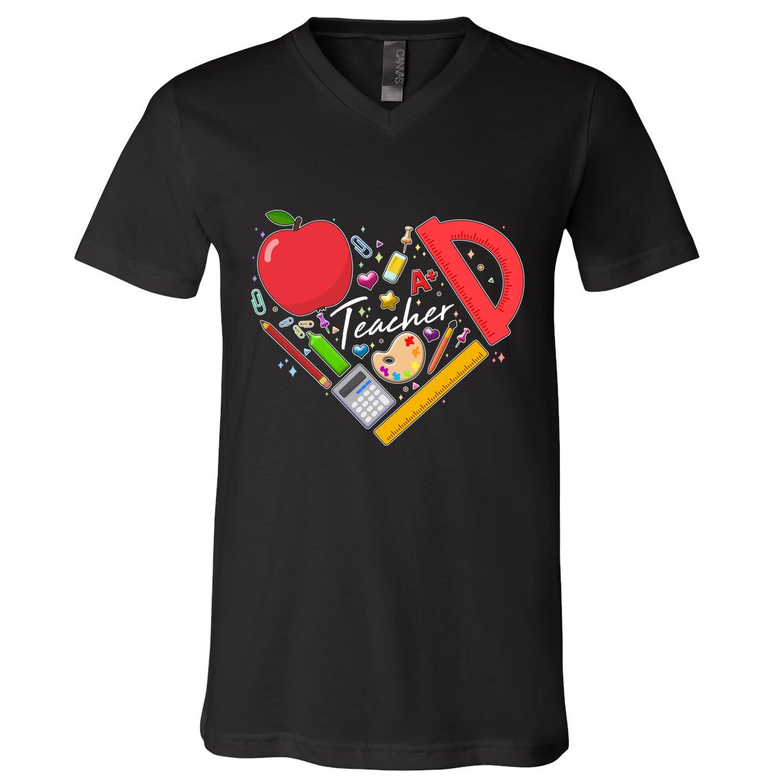 Cute Teacher School Tools Heart V-Neck T-Shirt