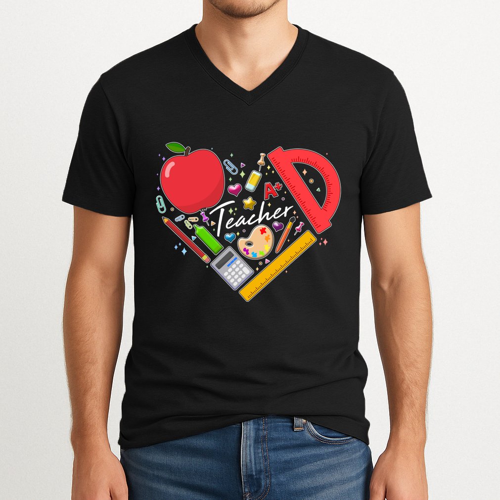 Cute Teacher School Tools Heart V-Neck T-Shirt
