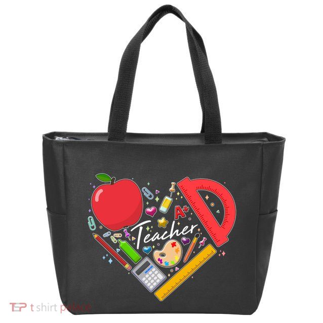 Cute Teacher School Tools Heart Zip Tote Bag