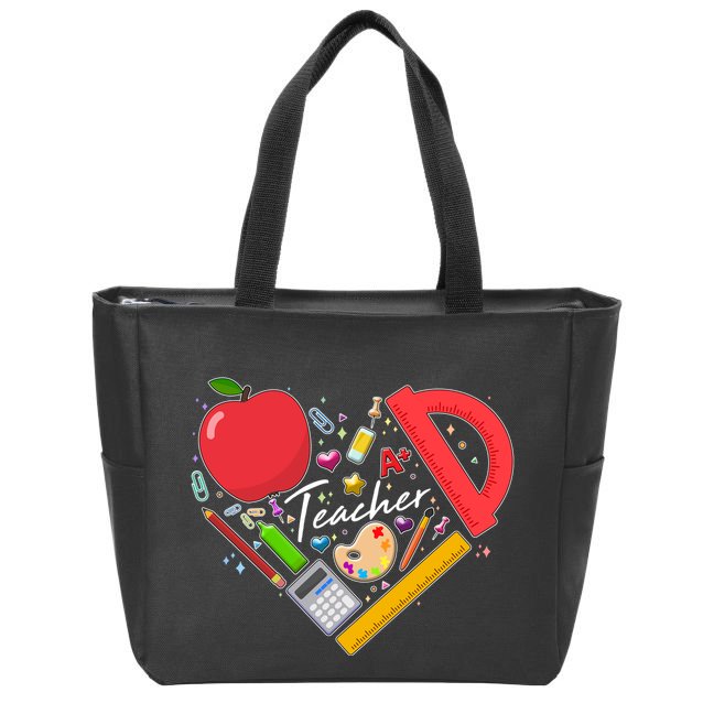 Cute Teacher School Tools Heart Zip Tote Bag