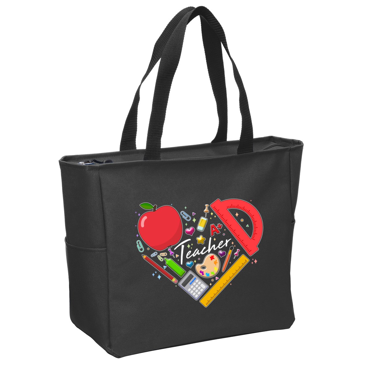 Cute Teacher School Tools Heart Zip Tote Bag