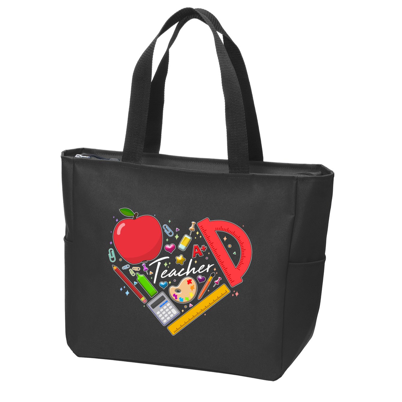 Cute Teacher School Tools Heart Zip Tote Bag