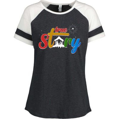 Christmas True Story Christian Nativity Scene Enza Ladies Jersey Colorblock Tee