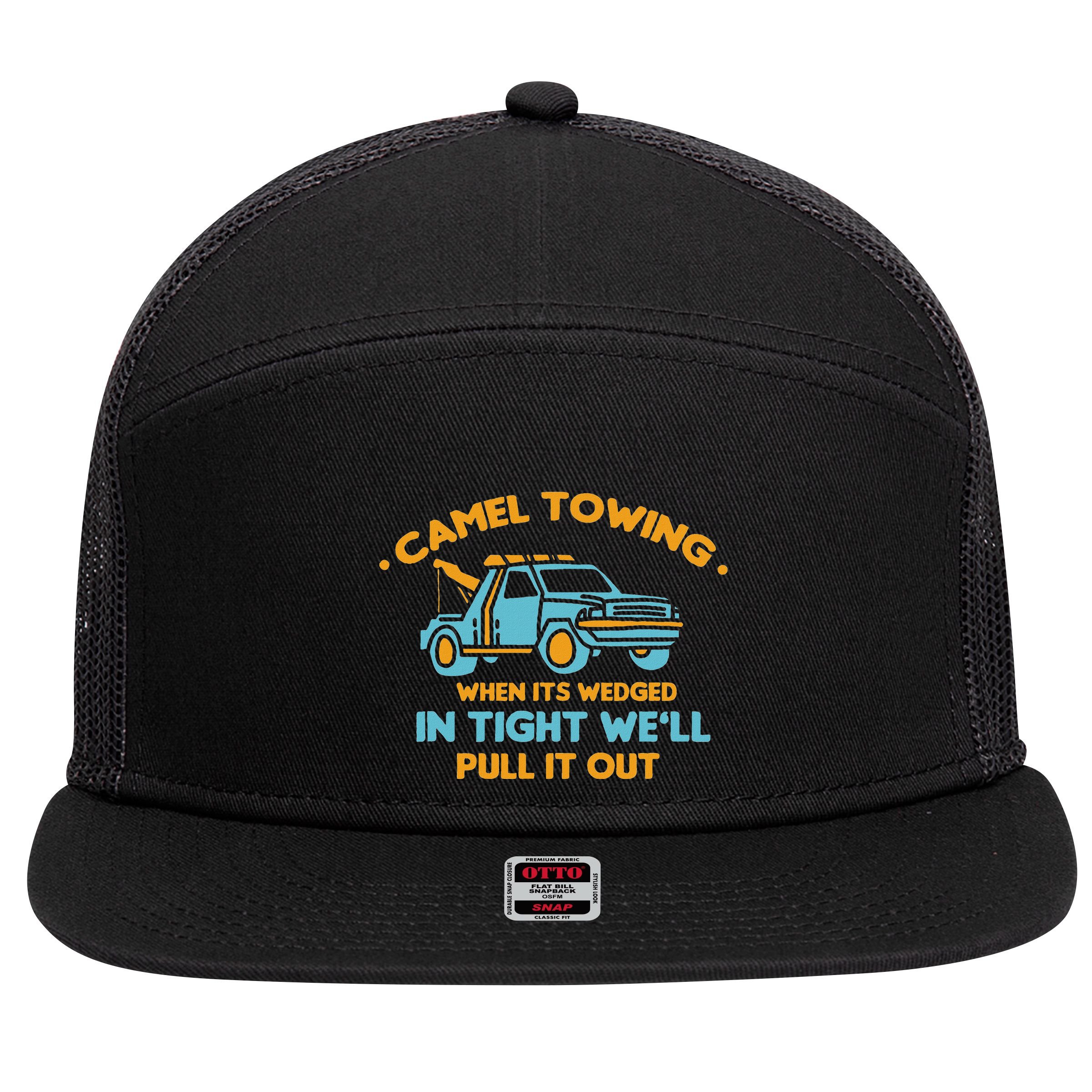 Camel Towing Successfully Pulling Out Tow Truck 7 Panel Mesh Trucker Snapback Hat
