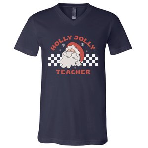 Christmas Teacher Santa Holly Xmas Jolly Teacher Christmas V-Neck T-Shirt