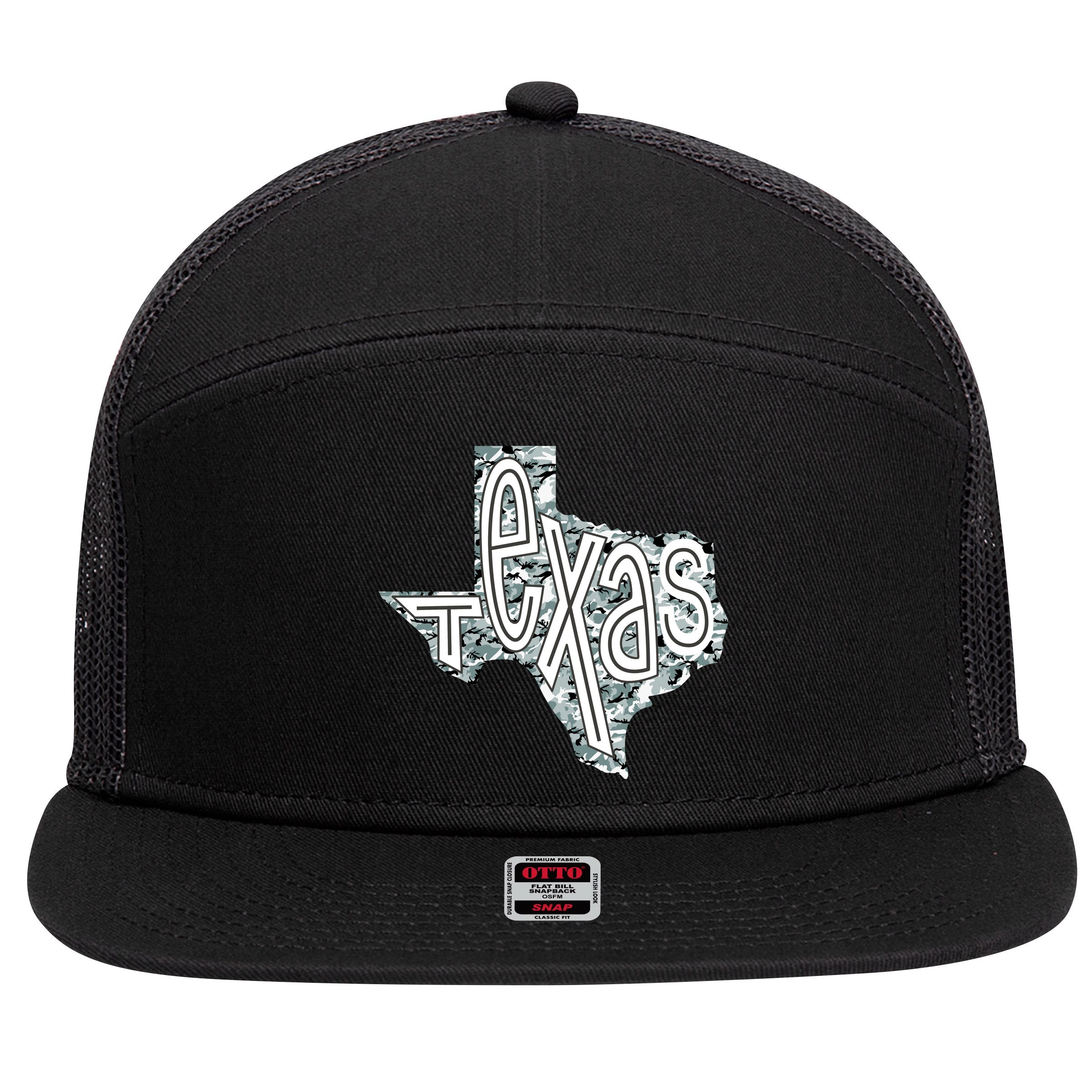 Camouflage Texas State Logo 7 Panel Mesh Trucker Snapback Hat