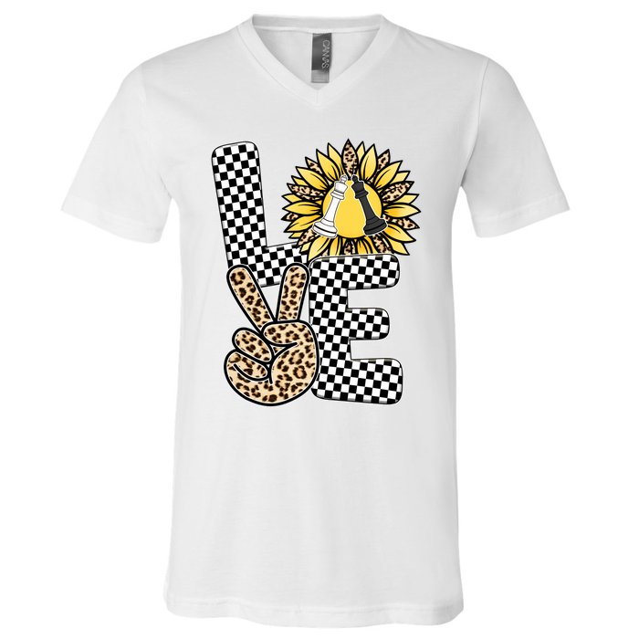 Chess T Shirts Love Chessboard Leopard Sunflower Graphic Plus Size V-Neck T-Shirt