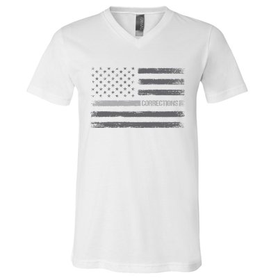 Corrections Thin Silver Line Flag For Correctional Officer V-Neck T-Shirt