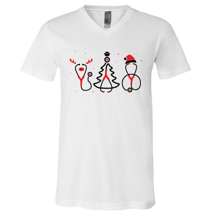 Christmas Tree Snowman Reindeer Christmas Nurse Gift V-Neck T-Shirt