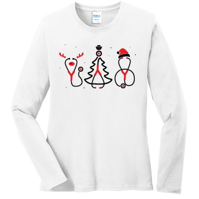 Christmas Tree Snowman Reindeer Christmas Nurse Gift Ladies Long Sleeve Shirt