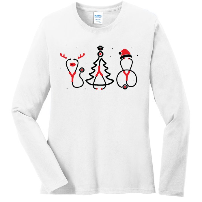 Christmas Tree Snowman Reindeer Christmas Nurse Gift Ladies Long Sleeve Shirt