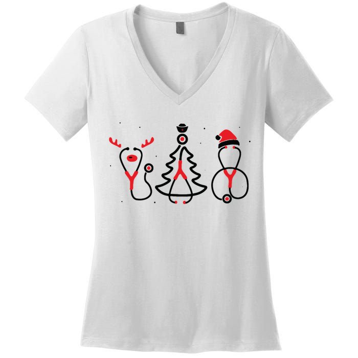 Christmas Tree Snowman Reindeer Christmas Nurse Gift Women's V-Neck T-Shirt