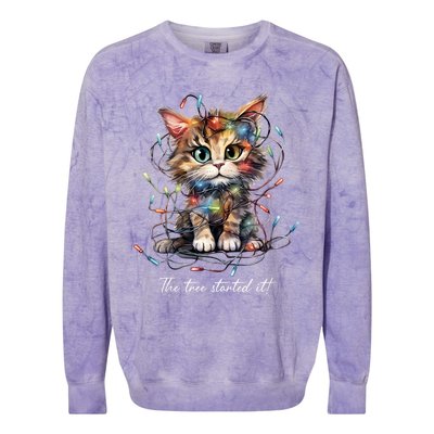 Christmas The Tree Started It! Funny Xmas Cat In Holiday Lig Colorblast Crewneck Sweatshirt