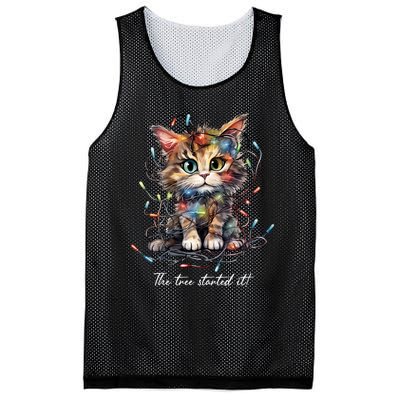 Christmas The Tree Started It! Funny Xmas Cat In Holiday Lig Mesh Reversible Basketball Jersey Tank