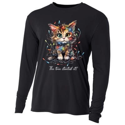 Christmas The Tree Started It! Funny Xmas Cat In Holiday Lig Cooling Performance Long Sleeve Crew