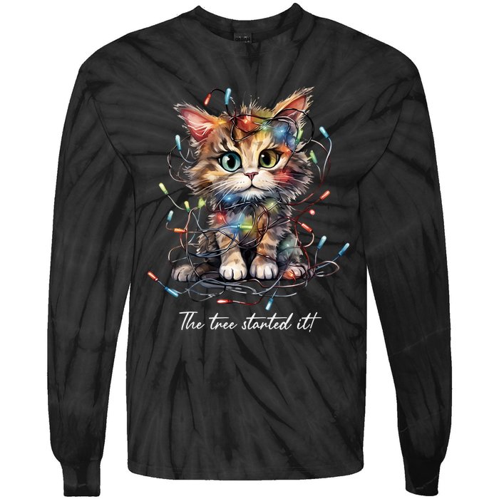 Christmas The Tree Started It! Funny Xmas Cat In Holiday Lig Tie-Dye Long Sleeve Shirt