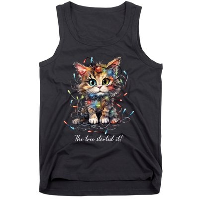 Christmas The Tree Started It! Funny Xmas Cat In Holiday Lig Tank Top