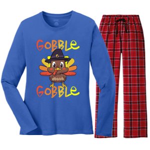 Cute Thanksgiving Turkey Day Gobble Gobble Funny Gift Women's Long Sleeve Flannel Pajama Set 