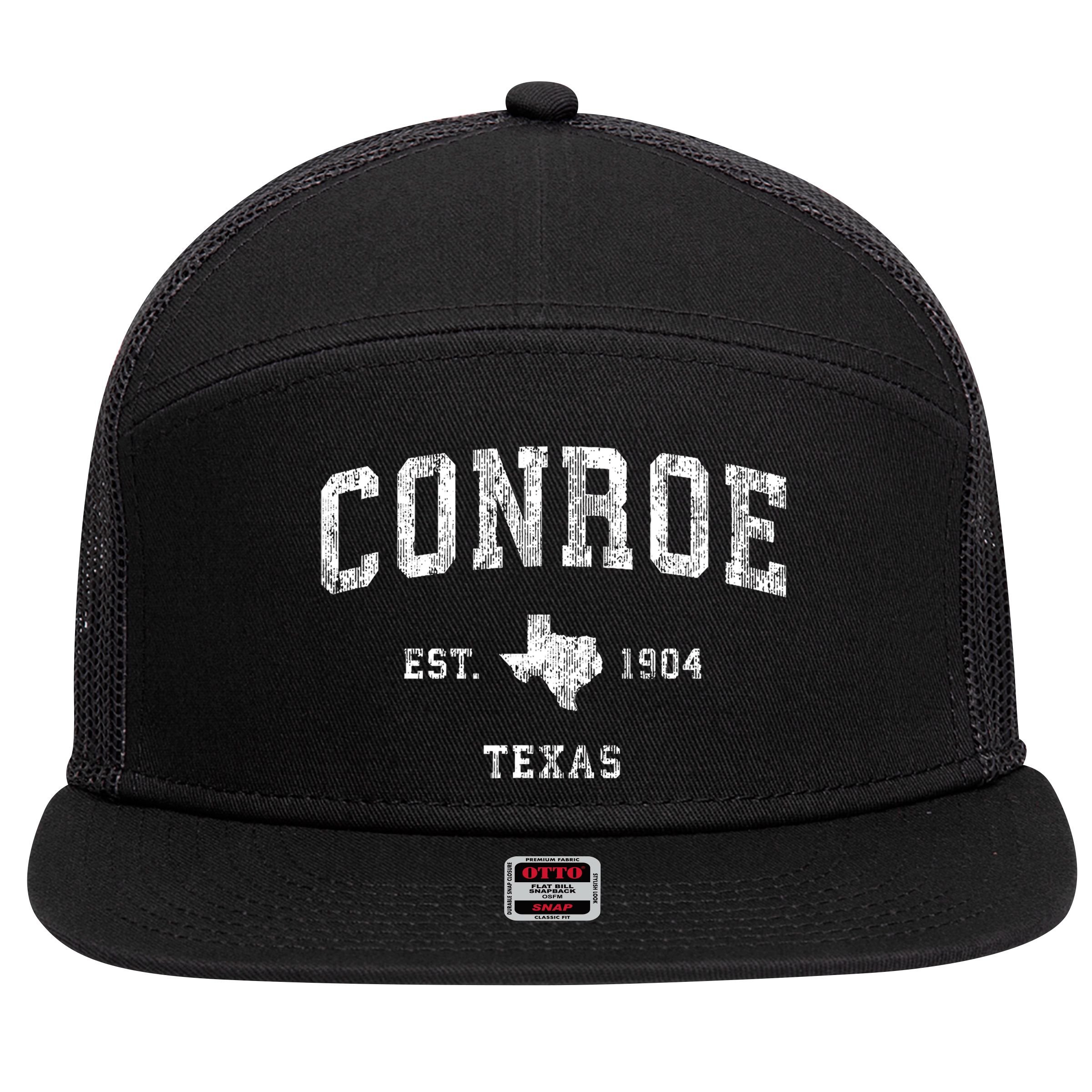 Conroe Texas Tx Vintage Athletic Sports Design 7 Panel Mesh Trucker Snapback Hat
