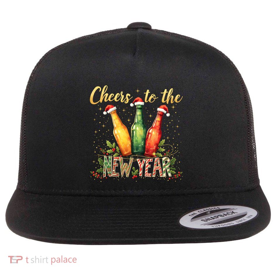 Cheers To The New Year 2025 New Year Festive Bottles Design Cute Gift Flat Bill Trucker Hat