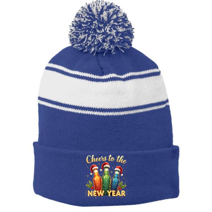 Cheers To The New Year 2025 New Year Festive Bottles Graphic Gift Stripe Pom Pom Beanie