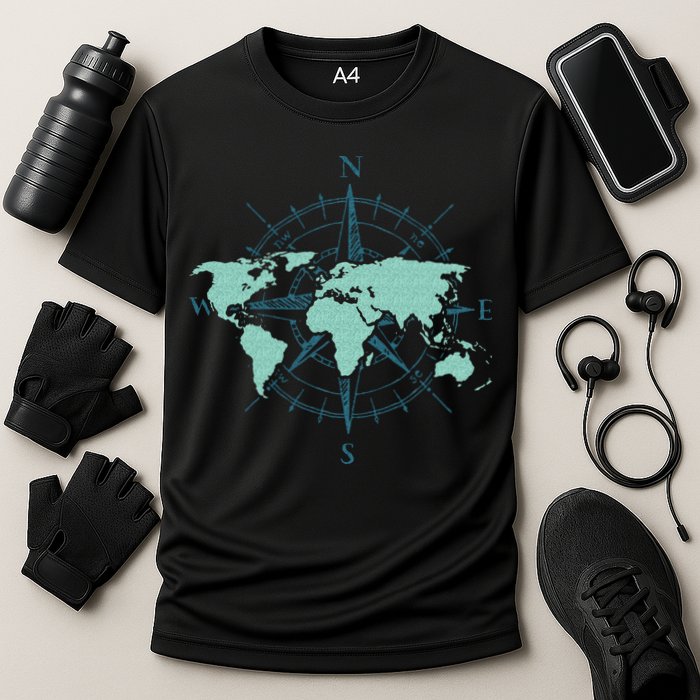 Cartography Traveler Travelling Compass World Map Cooling Performance Crew T-Shirt