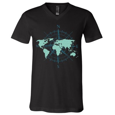Cartography Traveler Travelling Compass World Map V-Neck T-Shirt