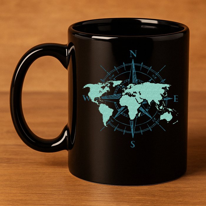 Cartography Traveler Travelling Compass World Map 11oz C Handle Ceramic Mug