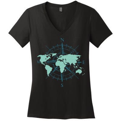 Cartography Traveler Travelling Compass World Map Women's V-Neck T-Shirt