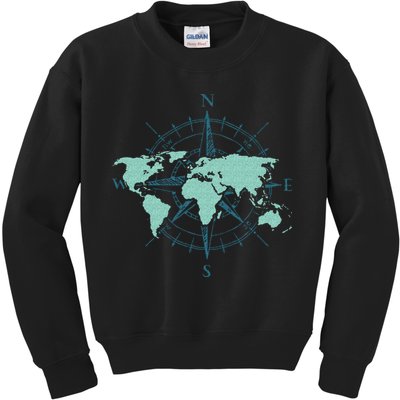 Cartography Traveler Travelling Compass World Map Kids Sweatshirt