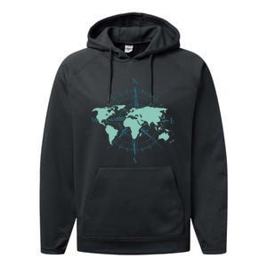 Cartography Traveler Travelling Compass World Map Performance Fleece Hoodie