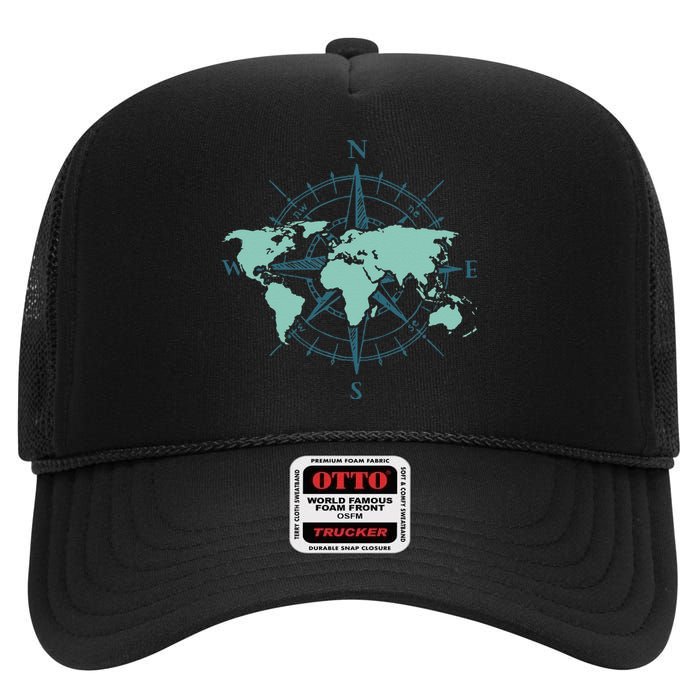 Cartography Traveler Travelling Compass World Map High Crown Mesh Back Trucker Hat