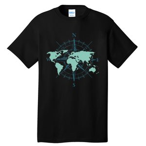 Cartography Traveler Travelling Compass World Map Tall T-Shirt