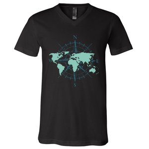 Cartography Traveler Travelling Compass World Map V-Neck T-Shirt